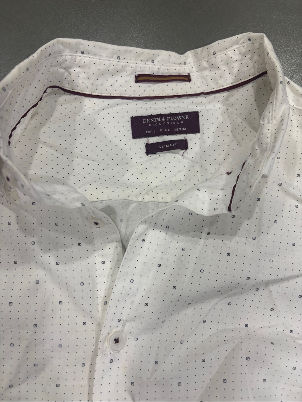 Denim & Flower White Shirt with Navy Micro-Print and Burgundy Trim